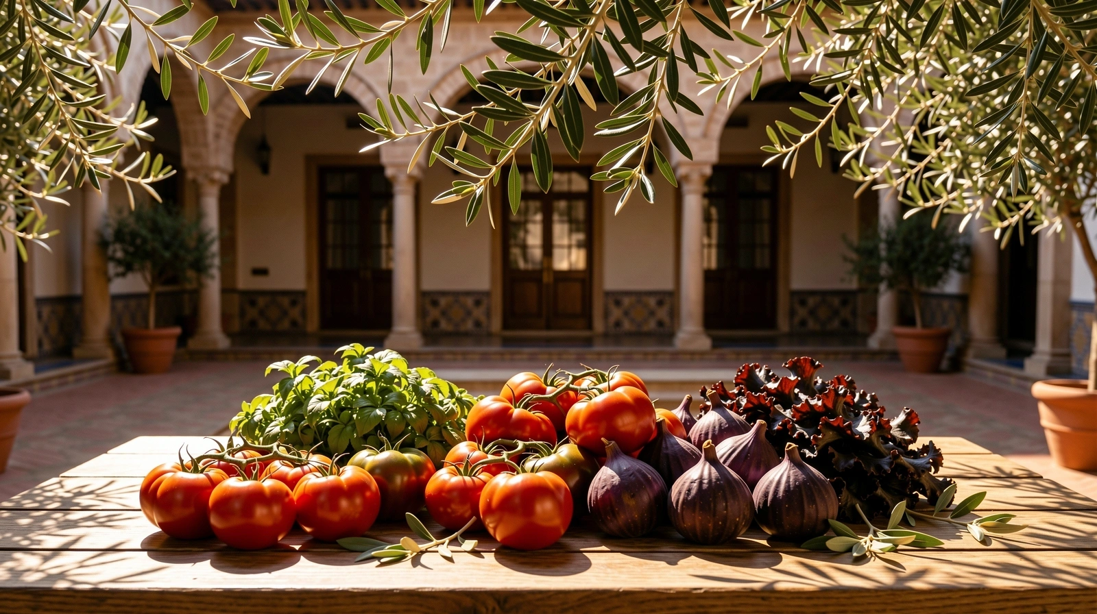 Fresh Mediterranean produce on a sunlit table